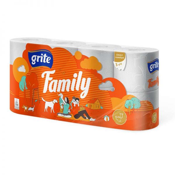 Grite Family 8 tekercses 3 rétegű környezetbarát toalettpapír T4 rendszer